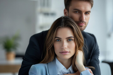 Concept of harassment. Male executive hugs female employee's in an office. Inappropriate behavior in the workplace. Flirting between boss and an employee