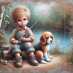 A young boy with blonde hair, wearing glasses and denim overalls, sits holding a fishing rod beside a river with his pet beagle