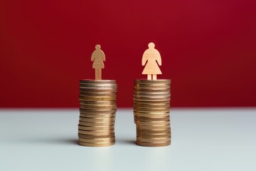 Wooden figures on coin stacks, symbolizing the gender wage gap. Gender Pay Gap Concept with Coins Stacks