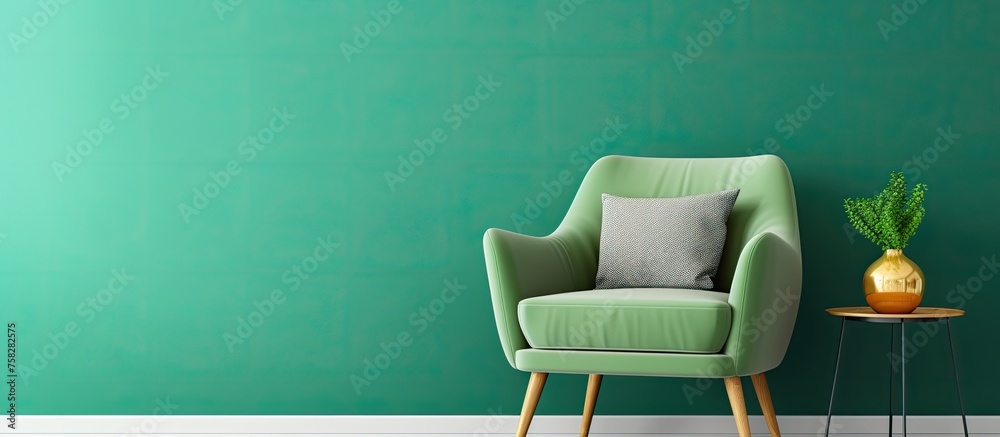 Canvas Prints A green chair made of wood is placed in front of a green wall in the house. The flooring is a rectangular shape and complements the furniture