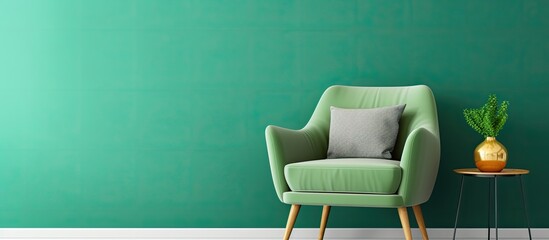 A green chair made of wood is placed in front of a green wall in the house. The flooring is a rectangular shape and complements the furniture - obrazy, fototapety, plakaty