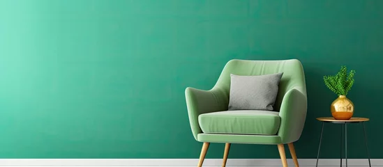 Fotobehang A green chair made of wood is placed in front of a green wall in the house. The flooring is a rectangular shape and complements the furniture © AkuAku