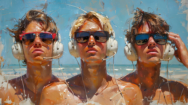 Artistic rendering of triplets wearing sunglasses and headphones against a vibrant, textured backdrop