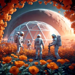 A group of astronauts is exploring a field of orange flowers on the moon. They are in front of a geodesic dome structure with earth background
