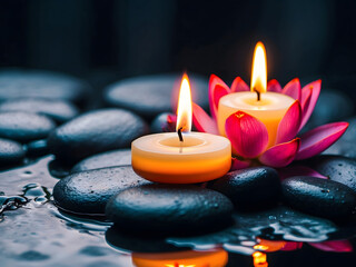 Zen stones with a candle and lotus flower background design. 