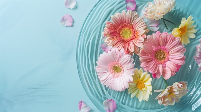 Colorful garden flowers on a pastel background with corrugated glass plate on top. Virtual life minimal concept. Valentine's Day, Easter, Birthday, Happy Women's Day, Mother's Day.