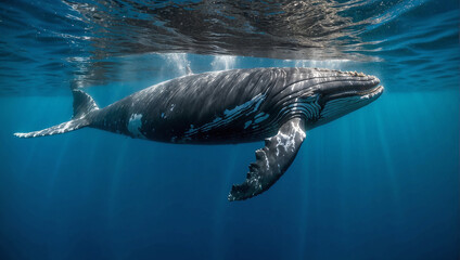 A whale swims underwater.