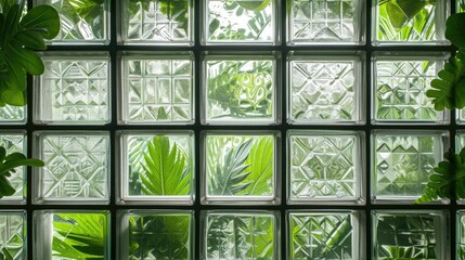 window made of glass blocks of various sizes and textures with green natural plants visible through the glass