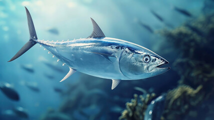 Obraz premium Tuna swim in clear ocean water. A fish of the mackerel family. Generated AI