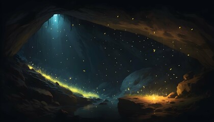 Fireflies Illuminating The Darkness Of A Cave