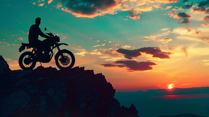 maquete de aventureiro de silhueta de motocicleta no topo da montanh