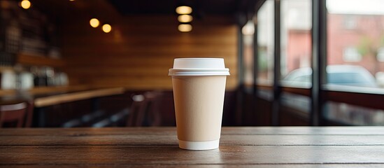 A cup of coffee rests on a hardwood table in a cafe, complementing the wood flooring. The liquid drink is ready to be enjoyed, with a drinking straw neatly placed beside the cup