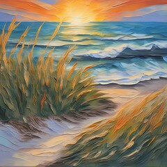 Beach path in tall grass with ocean sunrise done created with heavy oil paint strokes 