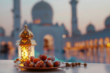 Ramadan symbols such as lantern, date fruits and wooden rosary - obrazy, fototapety, plakaty