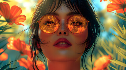 Fototapeta premium Detailed digital artwork captures a close-up of a woman's face with glasses reflecting orange flowers