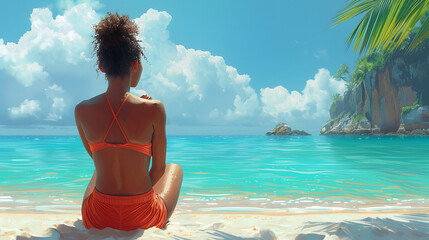 A chilling view of a tranquil young woman sitting on a beach, contemplating the sea under a sunny, clear sky