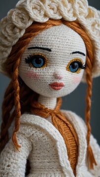 A children's doll with exquisite features in stunning luxurious clothes knitted from yarn with your own hands.