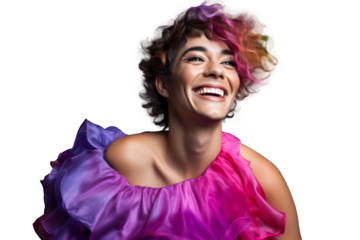 Portrait shot of Young joyful Gay man with colorful lgbt dress isolated on transparent background, Gay transgender smile and posing with trendy lifestyle.