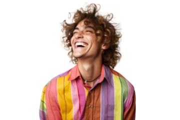 Portrait shot of Young joyful Gay man with colorful lgbt dress isolated on transparent background, Gay transgender smile and posing with trendy lifestyle.