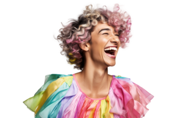 Portrait shot of Young joyful Gay man with colorful lgbt dress isolated on transparent background, Gay transgender smile and posing with trendy lifestyle.