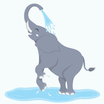 Cute elephant jumps and dances in a puddle and pours water on itself. Playful and joyful baby animal, kawaii cartoon character, flat vector art.