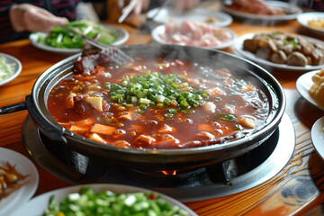 A plate of hot pot, one of the most popular dishes in China, especially in Sichuan Province or...