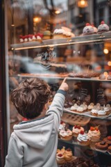 view from behind of a child watching at a charming bakery window display filled treats 

