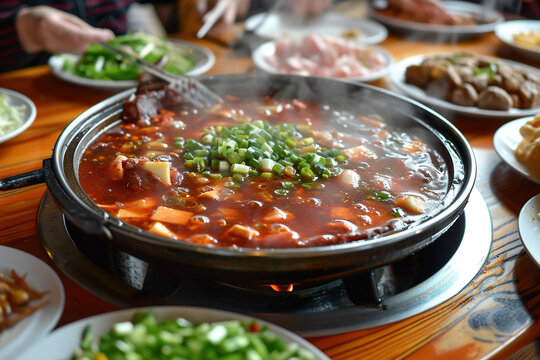 A plate of hot pot, one of the most popular dishes in China, especially in Sichuan Province or Chongqing. People cook in and eat from a simmering pot of soup stock (broth) 