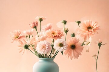 A collection of delicate, pastel-colored flowers arranged in a vase on a soft, pastel peach background with a subtle gradient effect