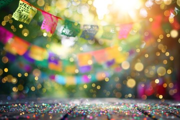 A blurred background of an outdoor Mexican fiesta The foreground is filled with glittering sequins on black fabric Generative AI - obrazy, fototapety, plakaty