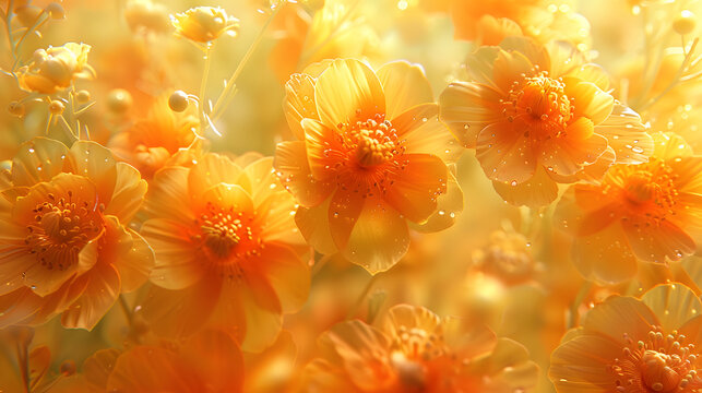 Luminous golden-yellow flowers covered in morning dew, presented in a dreamy soft focus creating a feeling of warmth