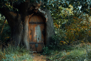 Fototapeta na wymiar A magical door at the base of an old oak tree, leading to a hidden realm.