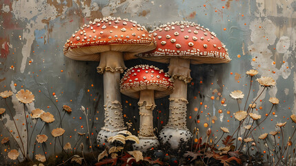 Fototapeta premium An artful composition featuring Amanita mushrooms against a vintage-styled textured backdrop