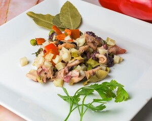 A well-presented octopus salad with diced vegetables garnished with parsley on a white plate, typical food, typical mediterranean mallorcan cuisine typical from balearic islands mallorca, spain