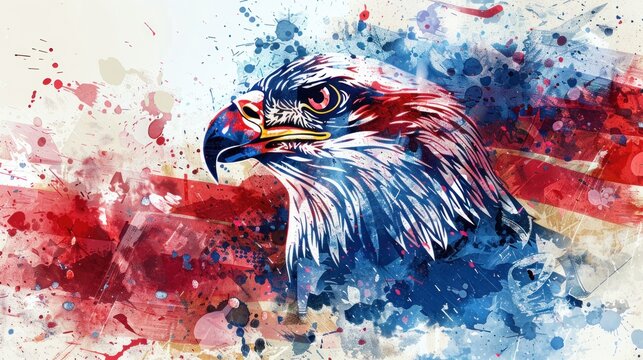 A colorful painting of an eagle with the American flag in the background. The painting has a patriotic and bold feel to it