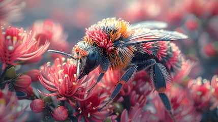 This striking image captures a vivid bee pollinating bright red flowers, highlighting the crucial role of pollinators - obrazy, fototapety, plakaty