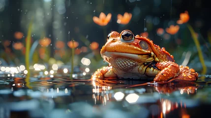 Foto op Canvas A vibrant, high-detail image of an orange frog with striking eyes perched tranquilly on a lily pad amidst floating flowers © Reiskuchen