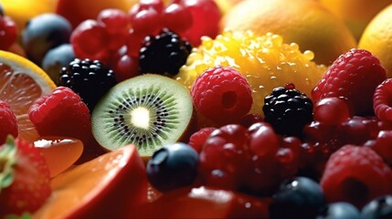 Assorted Fresh Fruits - Raspberries, Strawberries, Kiwis, Oranges, and Grapes
