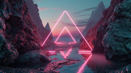 The great pink floating triangle beyond the river that surrounded with a lot amount of the tall mountains at the dawn or dusk time of the day that shine light to the every part of the picture. AIGX03. - obrazy, fototapety, plakaty