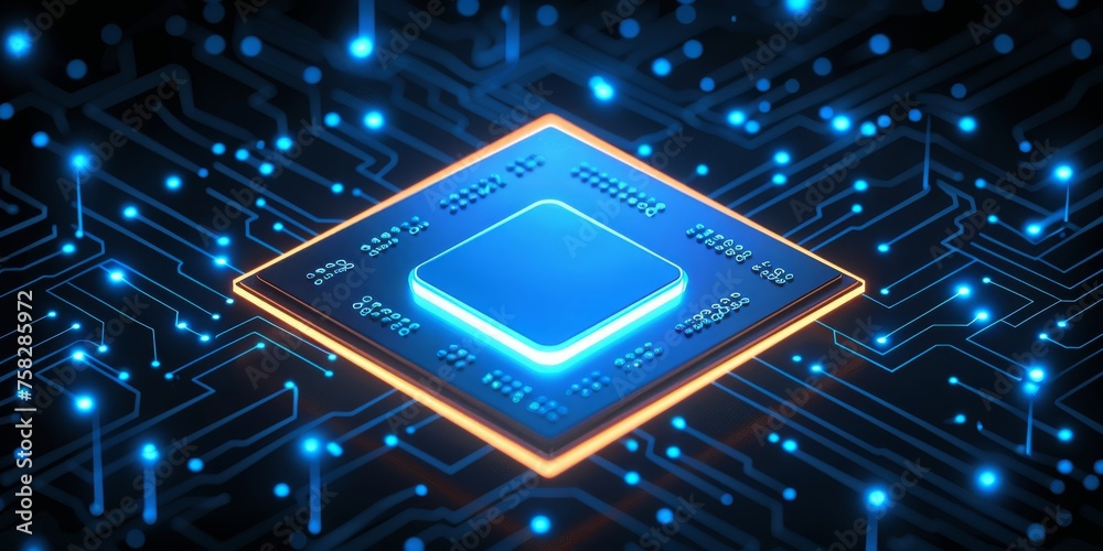 Poster Quantum Core: A Digital Cube Radiates Light, Representing the Convergence of Data, Connectivity, and Future Tech, Generative AI