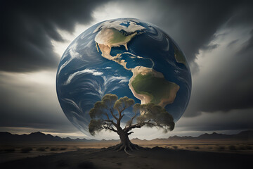 earth, tree and the desert. Climate change problem concept. Generative AI	
