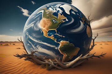 earth, tree and the desert. Climate change problem concept. Generative AI	