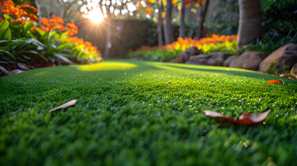 Warm sunlight filtering through surrounding foliage, casting a glowing light on a well-manicured lawn - obrazy, fototapety, plakaty