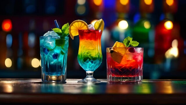 The colorful cocktails on the bar counter