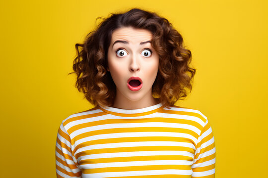 Portrait of a surprised young woman wearing glasses. Beautiful nerdy girl in a striped top, isolated on yellow, with an amazed  Generative AI,