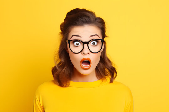 Portrait of a young student girl looking extremely surprised. Expressive face of a beautiful nerdy woman in glasses, isolated on  Generative AI,