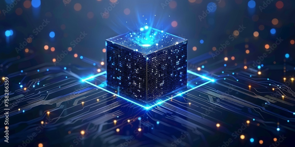 Poster Quantum Core: A Digital Cube Radiates Light, Representing the Convergence of Data, Connectivity, and Future Tech, Generative AI