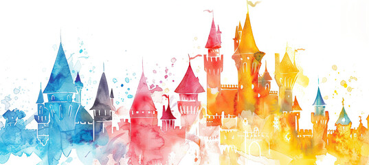 Simple watercolor Fairy tale castle Isolated on white background - obrazy, fototapety, plakaty