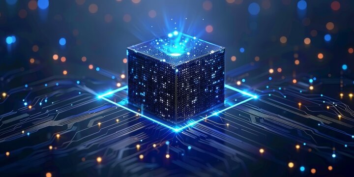 Quantum Core: A Digital Cube Radiates Light, Representing the Convergence of Data, Connectivity, and Future Tech, Generative AI