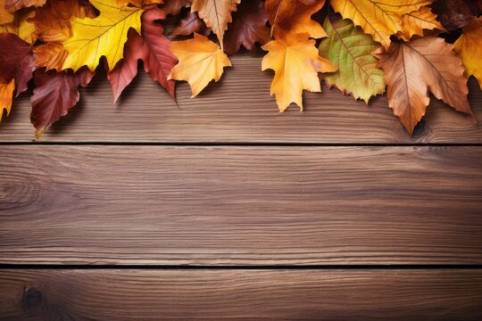 A variety of colorful autumn leaves bordering the top edge of a rustic wooden surface, ideal for seasonal backgrounds. Autumn Leaves on Wooden Backdrop
